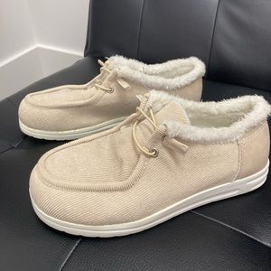 Tan and White Slip-Ons